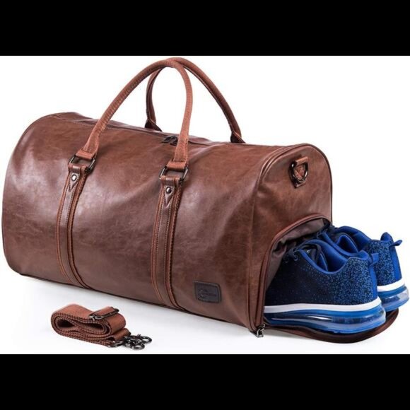 Weekender Oversized Travel Duffel Bag With Shoe Pouch, Leather Carry On Bag